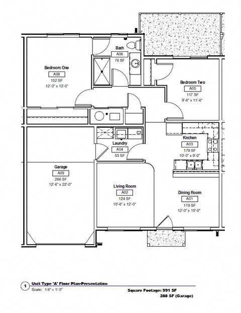 Floor plan for 2 beds, 1 bath, 991 sqft